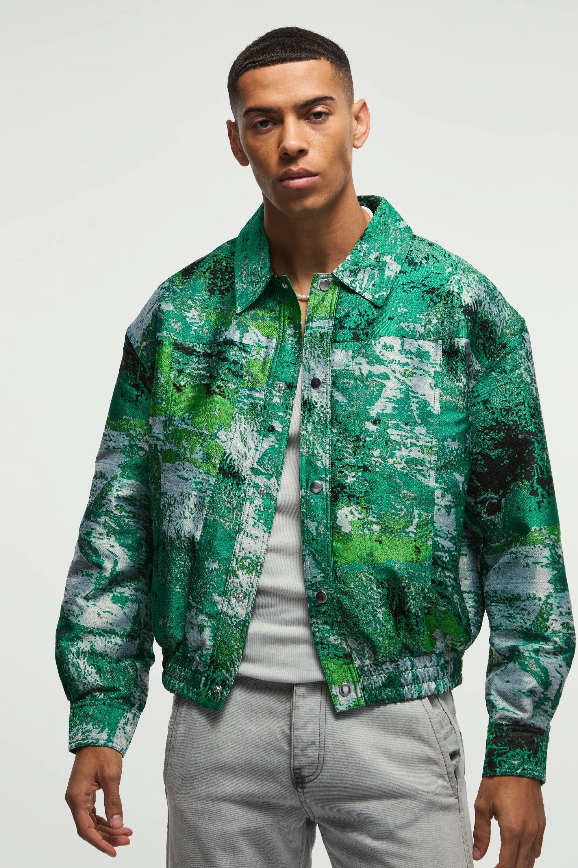 Jacquard Satin Harrington Jacket In Green