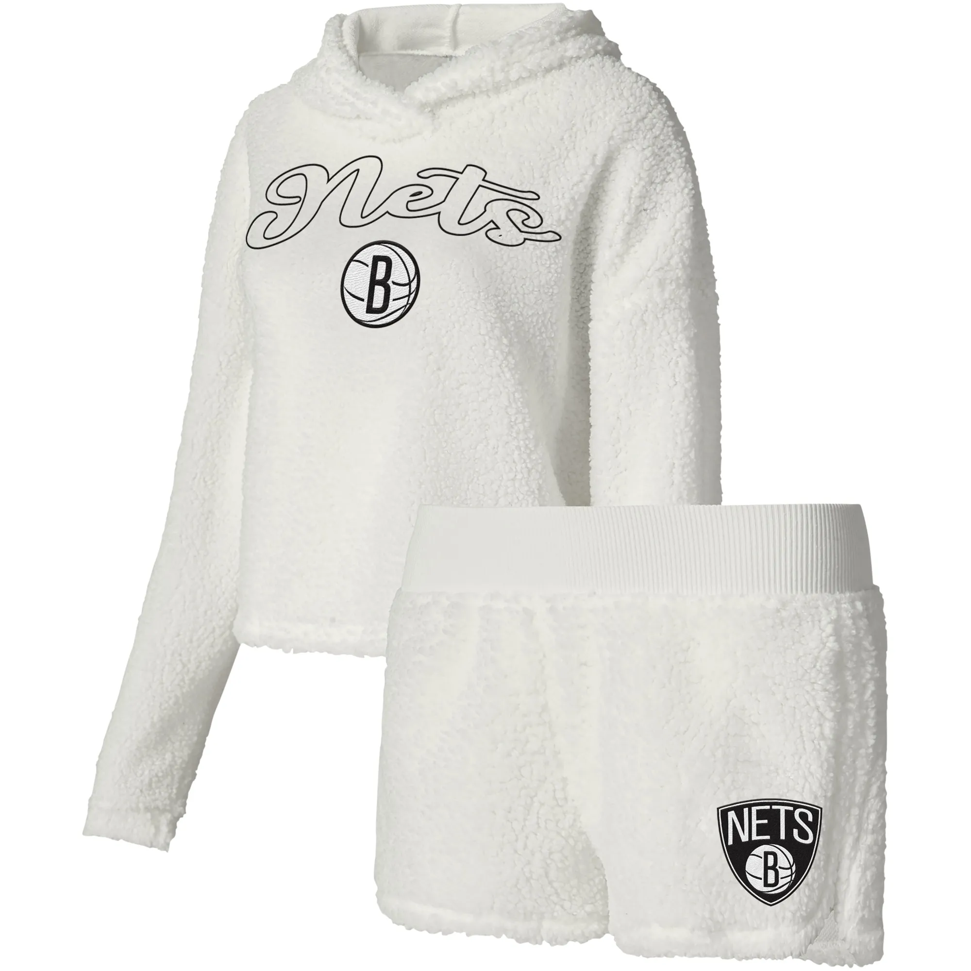 Lids Women's College Concepts Cream Brooklyn Nets Fluffy Long Sleeve Hoodie T-Shirt & Shorts Sleep Set