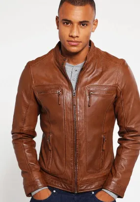 Men's Brown Leather Crew Neck Jacket