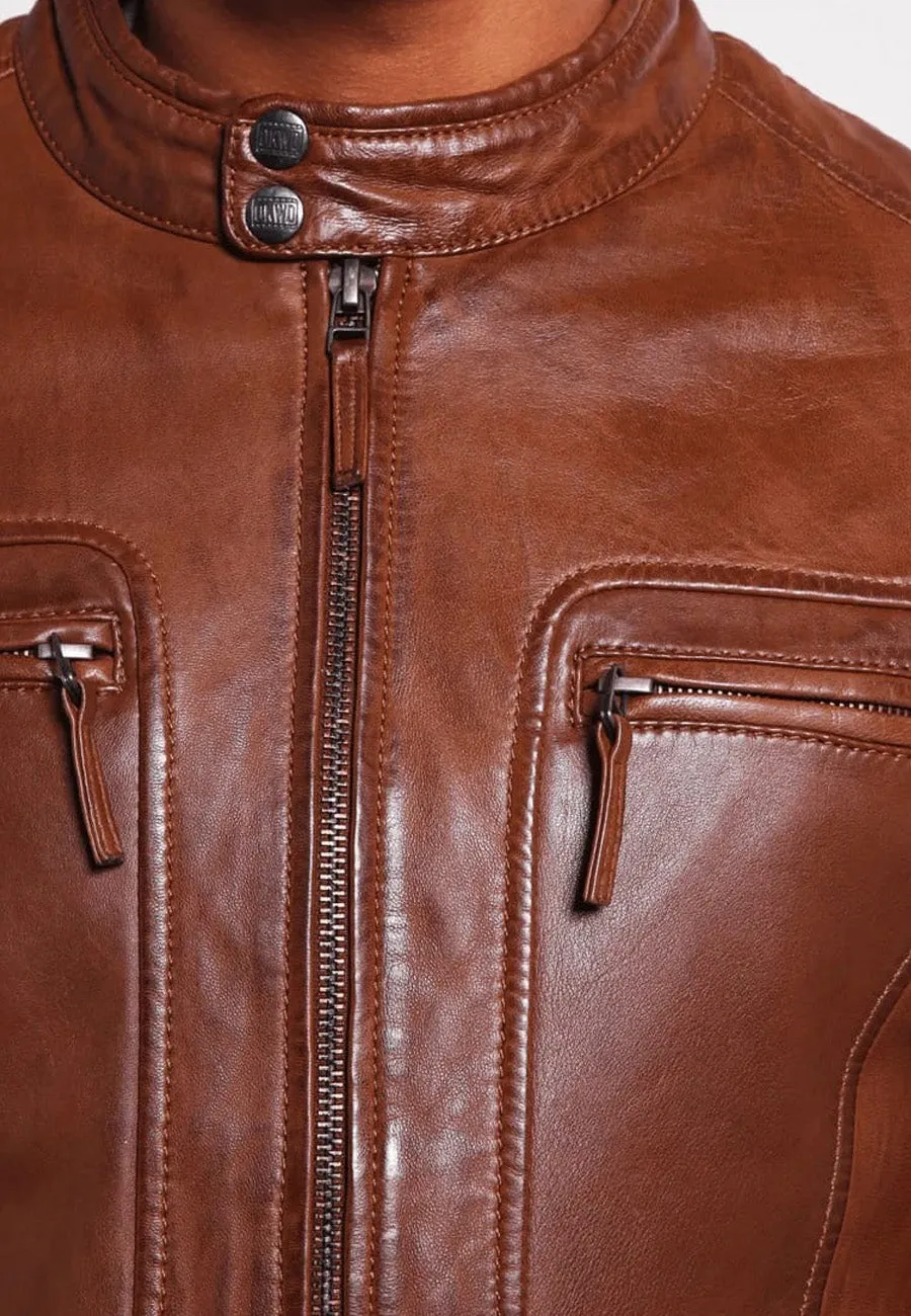 Men's Brown Leather Crew Neck Jacket