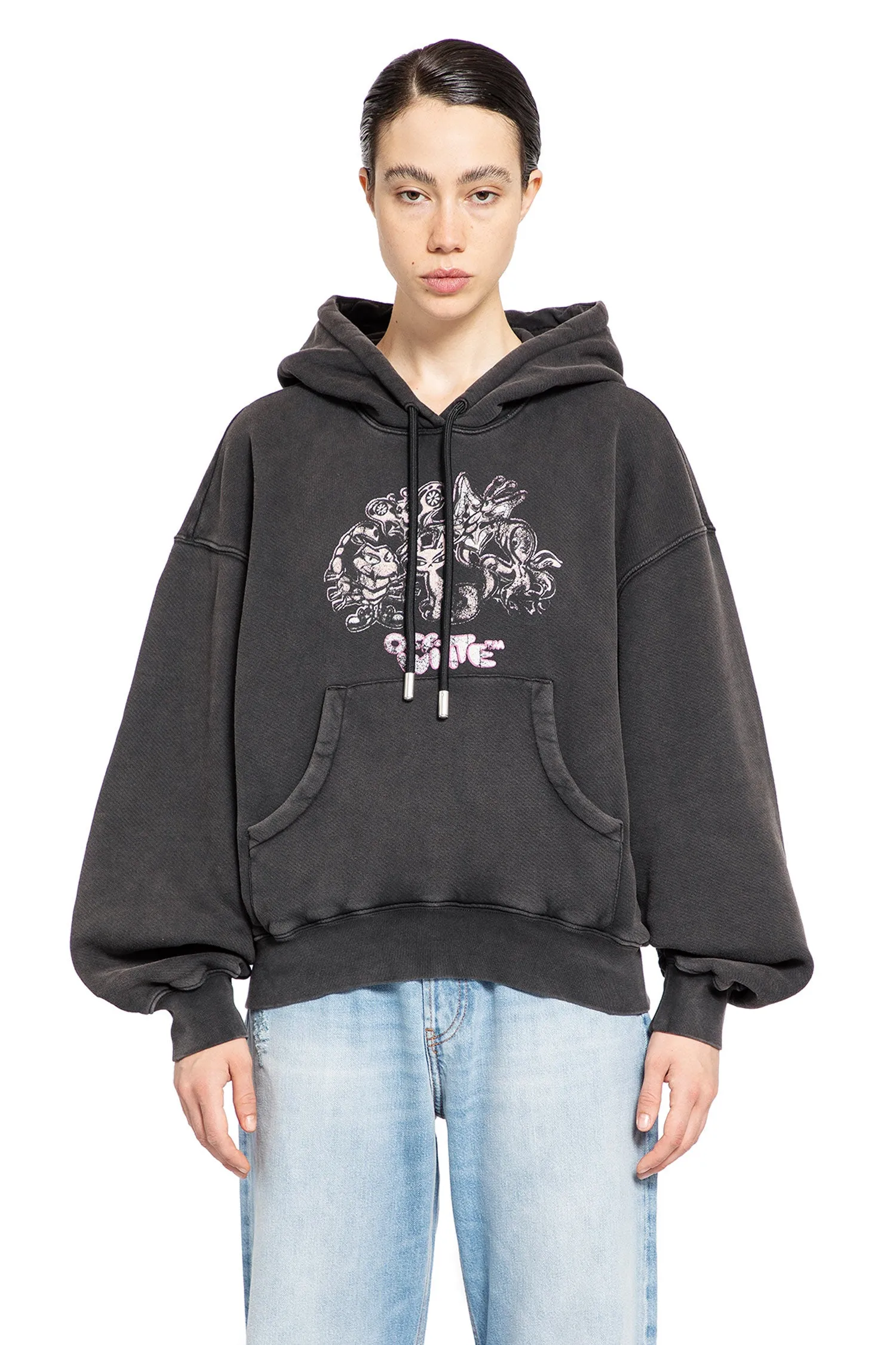 off-white washed characters over hoodie