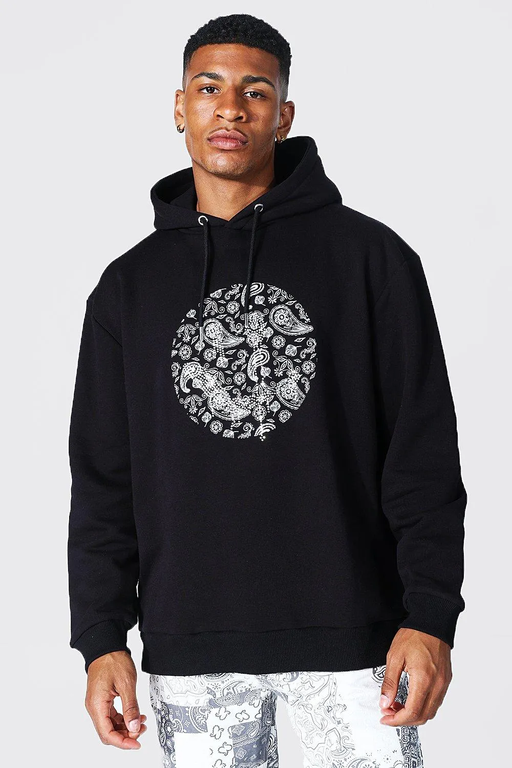 Oversized Paisley Drip Face Rhinestone Hoodie | boohooMAN UK