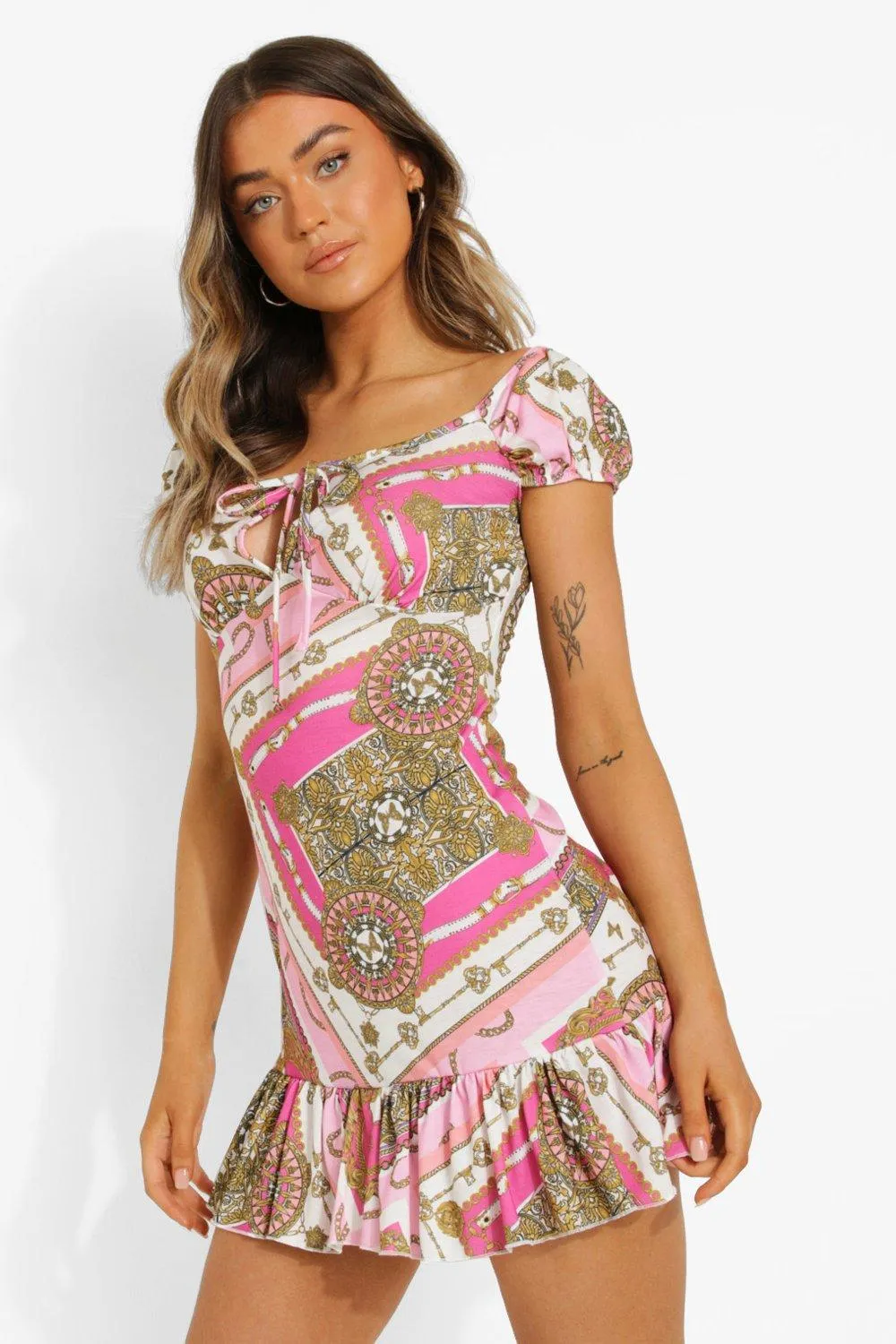 Scarf Print Off The Shoulder Tie Bust Skater Dress