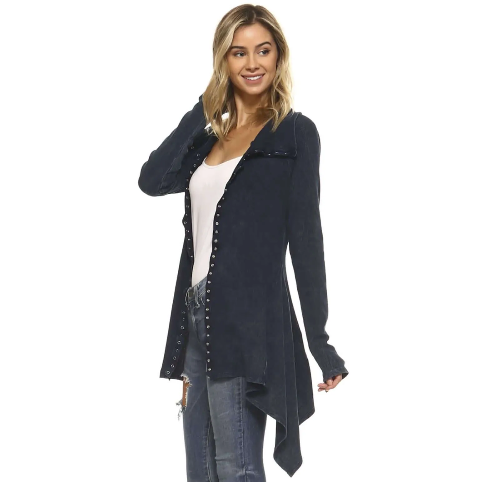 Stylish Navy Cotton Asymmetrical Hem Mineral Washed Jacket Made in USA