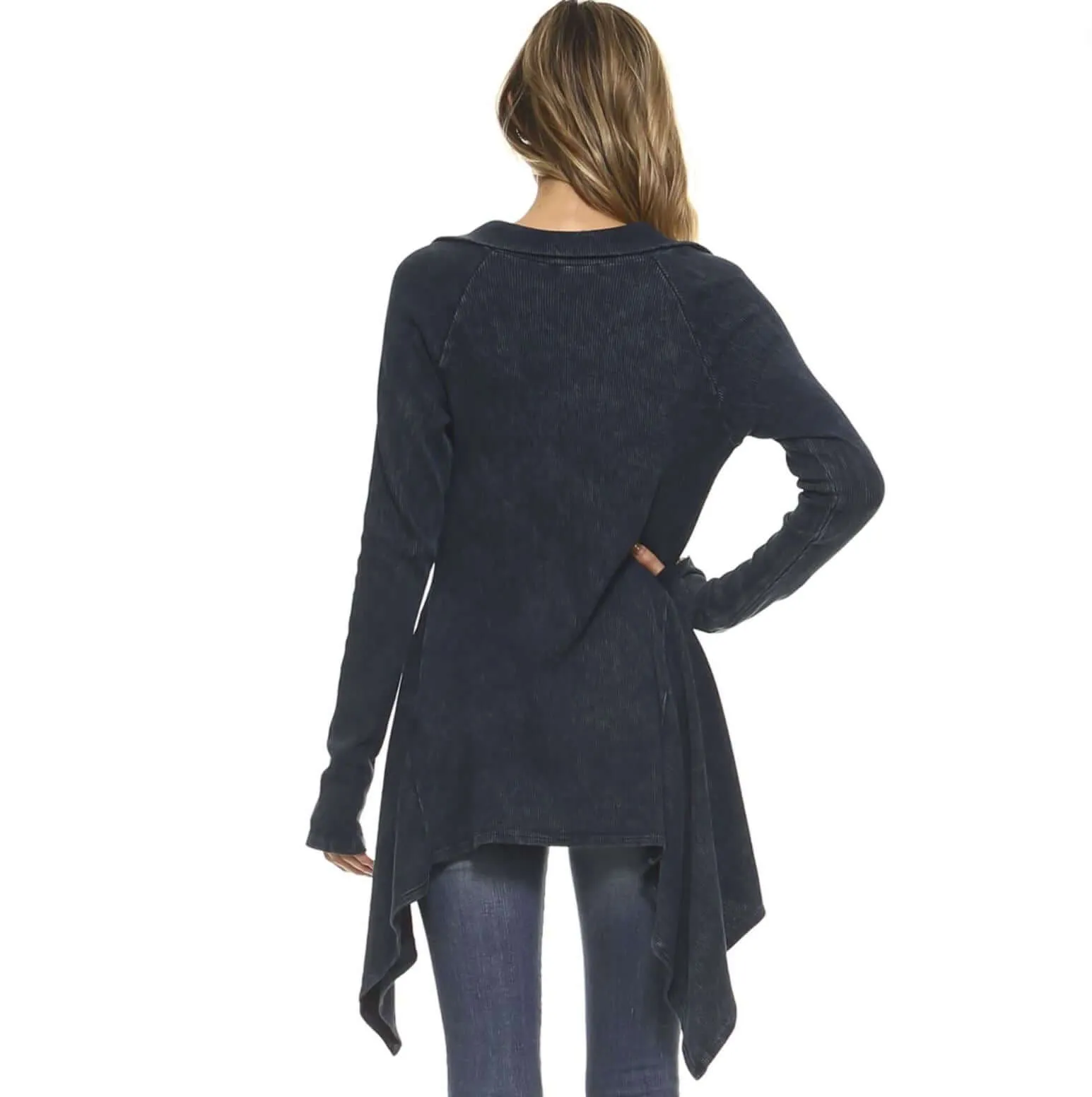 Stylish Navy Cotton Asymmetrical Hem Mineral Washed Jacket Made in USA