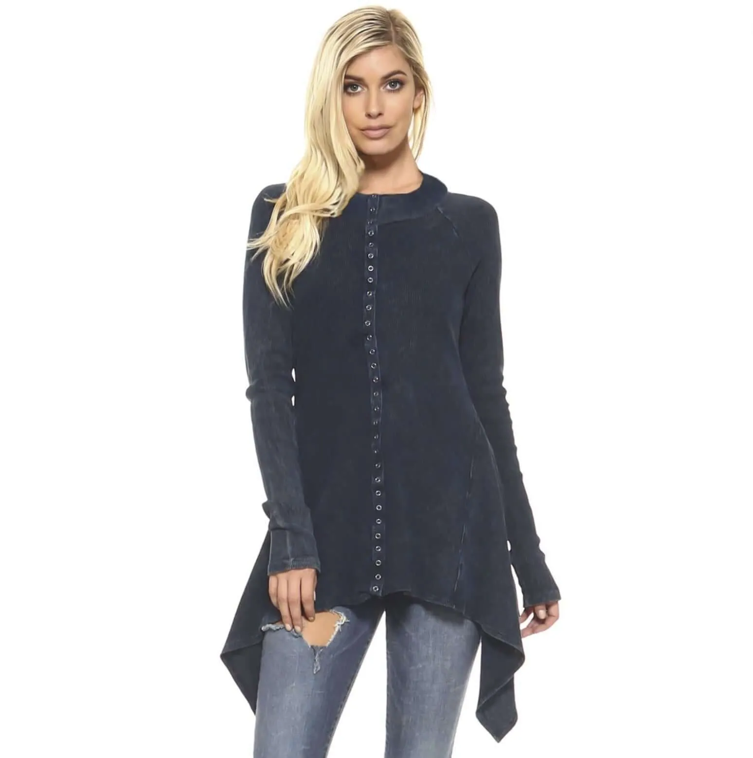 Stylish Navy Cotton Asymmetrical Hem Mineral Washed Jacket Made in USA