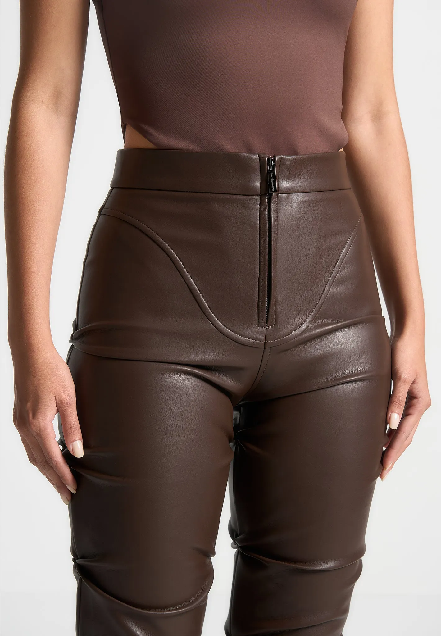 Tacked Leather Flared Trousers - Brown