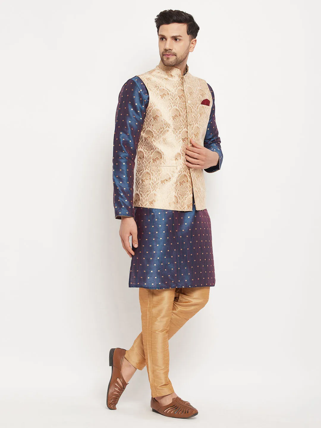 VASTRAMAY Men's Rose Gold Jacquard Jacket With Kurta And Pant Set