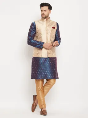 VASTRAMAY Men's Rose Gold Jacquard Jacket With Kurta And Pant Set