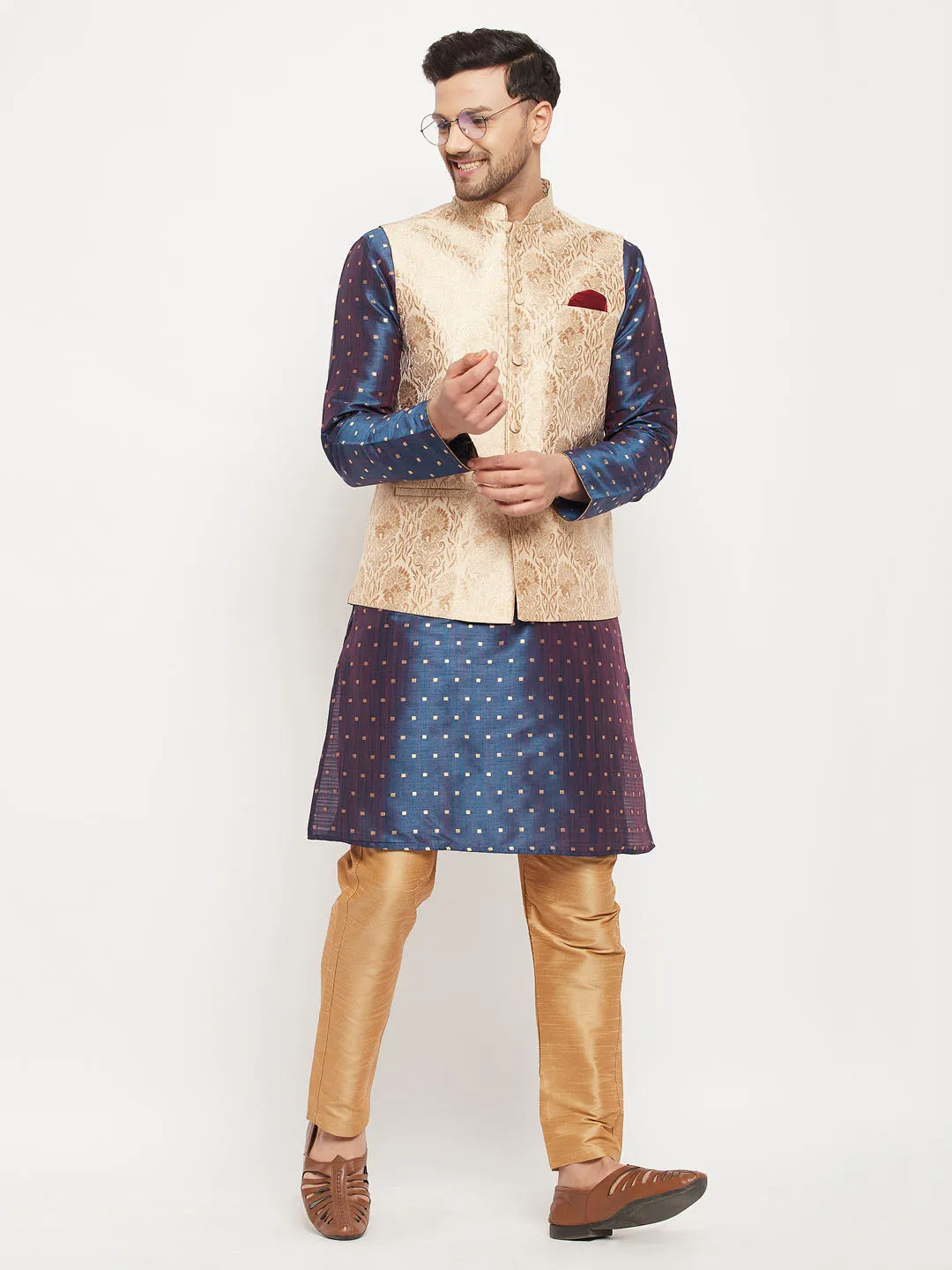 VASTRAMAY Men's Rose Gold Jacquard Jacket With Kurta And Pant Set